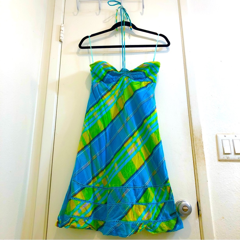Roxy Tie-Neck Halter Dress Smocked Back Fully Lined Lightweight Blue/Green Small